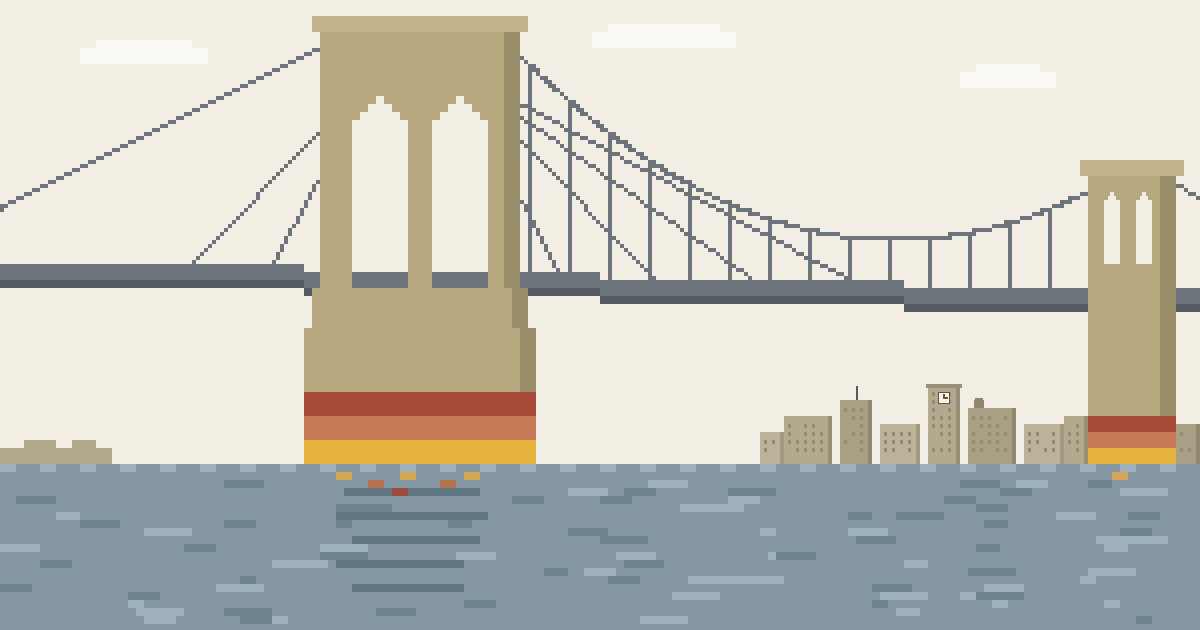 A pixel-art suspension bridge over blue water; the tower's base is wrapped in red, orange, and yellow high-water bands.