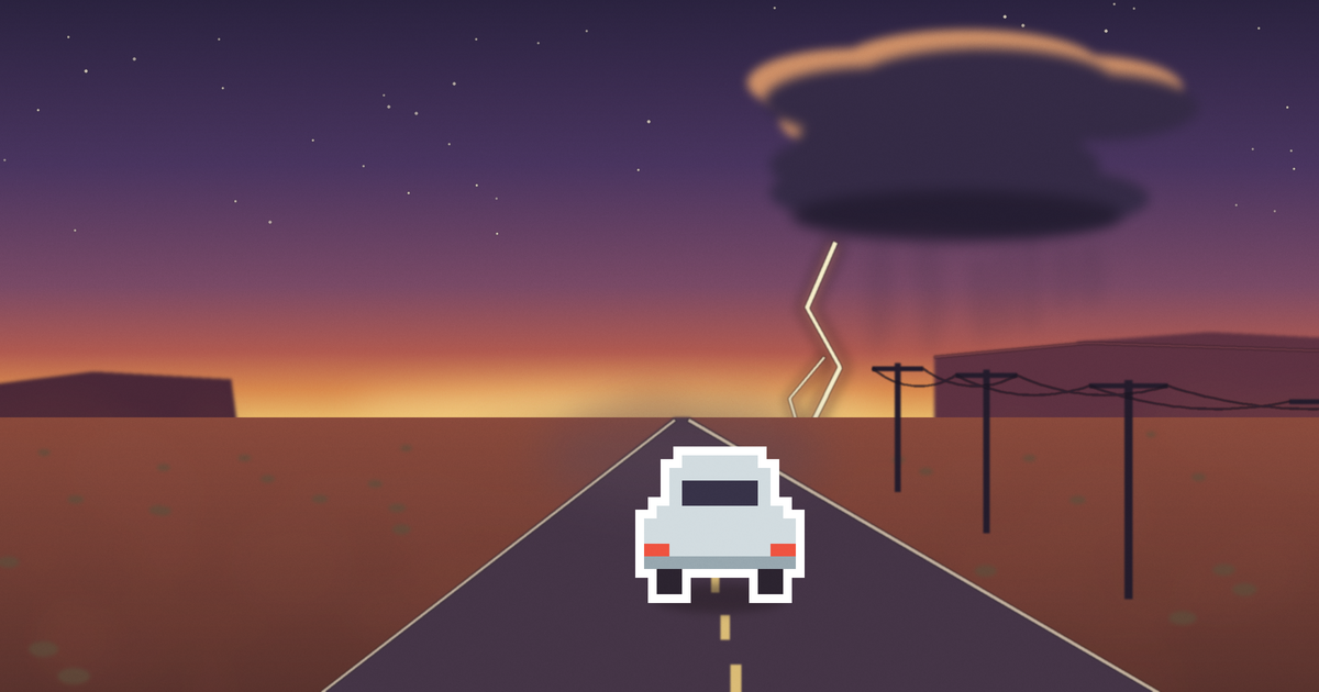 A desert road tilting into night — the white car pointed at the horizon, rainless lightning far ahead.